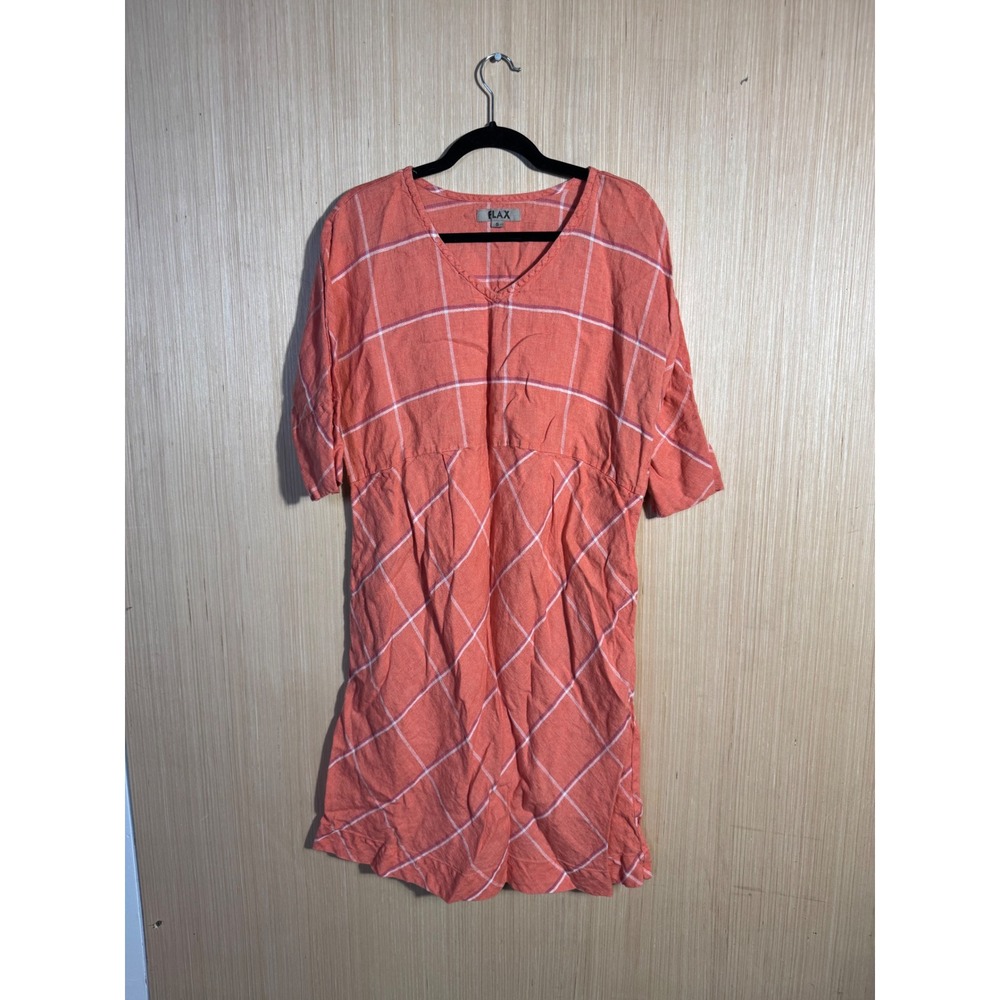 FLAX 100% Linen Dress Small Coral Orange Grid Plaid V-Neck Short Sleeve Pockets